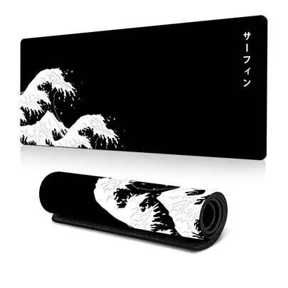 日本游戏鼠标垫黑色鼠标垫神奈川大号鼠标垫防滑橡胶底座，边缘缝合，适合游戏办公室和家庭，31.5x11.8 英寸（白色波浪）