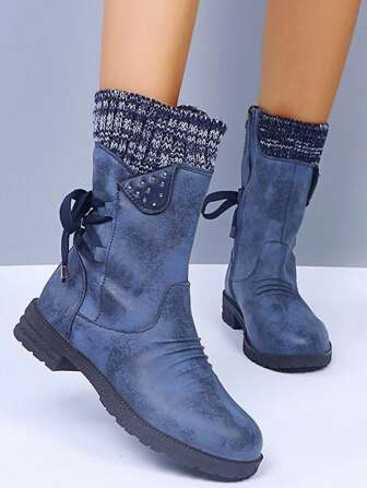 全新秋冬时尚女靴，保暖百搭牛仔拼布针织内衬复古英伦风中筒靴