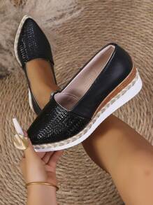 Women Fashion Woven Straw Pointed Toe Thick Sole Slip-On Loafers Wedge Heel Comfortable Platform Shoes