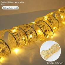 1 st. LED-kerstlintverlichting 39,37/78,74/196,85/393,7 inch zilver/gouden lint met koperdraad, feeënlichtsnoer, kerstboom, decoratief lint, strikken, lampen, op batterijen, voor thuis, tuin, tuin, bruiloft, verjaardag, feest, kerstboom, festivals, nieuwjaarsdecoratie (1/2/5/10 m gouden/zilveren lint; warm wit/wit/kleurrijk licht), kamerdecoratie, kerstdecoratie, kerstverlichting, slaapkamerdecoratie, woondecoratie, feestdecoratie, vakantie, festival, kerstcadeau, Thanksgiving, kerstboomdecoratie, ornamenten