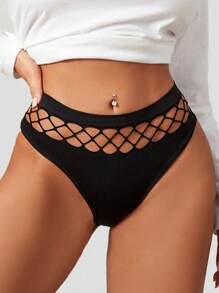 Set de 3 tangas negros de mujer con diseño de red de pesca, lencería sexy en forma de tanga