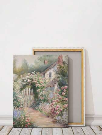 1pc Framed Canvas Wall Art Poster A Charming Cottage Garden Scene With Blooming Roses, Enhanced By A Solid Wood Frame, Perfect For Bringing A Touch Of Nostalgic Romance And Serenity To Any Room, Ready To Hang Gifts Birthday Graduation