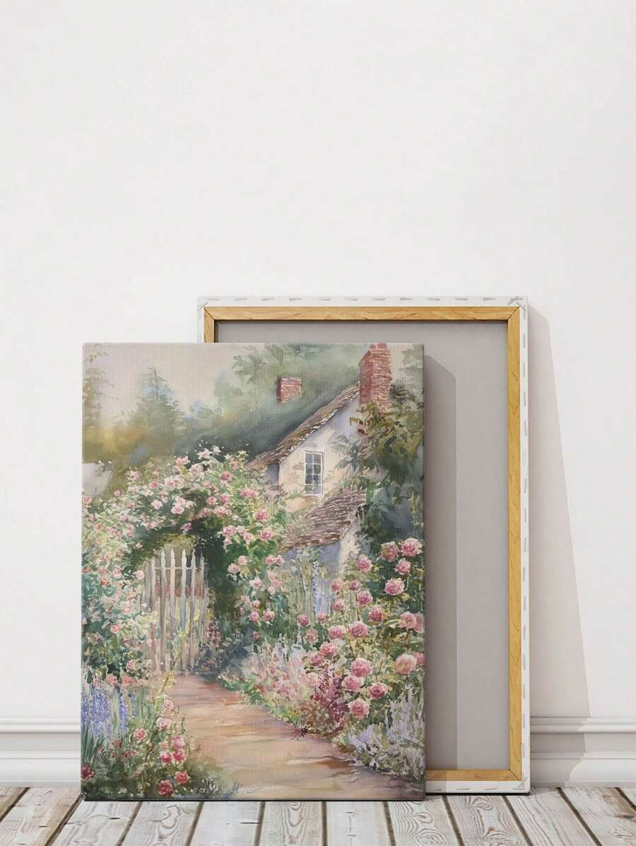 1 幅带框帆布墙艺术海报，描绘了盛开的玫瑰的迷人小屋花园场景，配有实木框架，非常适合为任何房间带来一丝怀旧浪漫和宁静，可直接悬挂 - 彩色 - 查看 1