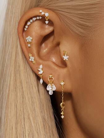 1 pezzo Orecchini a perno in argento sterling 925 a forma di fiore, goccia d'acqua, stella e luna, adatti per piercing al cartilagine e elice, ideali per uso quotidiano, matrimoni, feste, fidanzamenti, anniversari e San Valentino