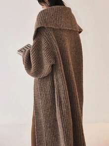 JIANHU 高领中长纯色休闲开衫，长袖上衣