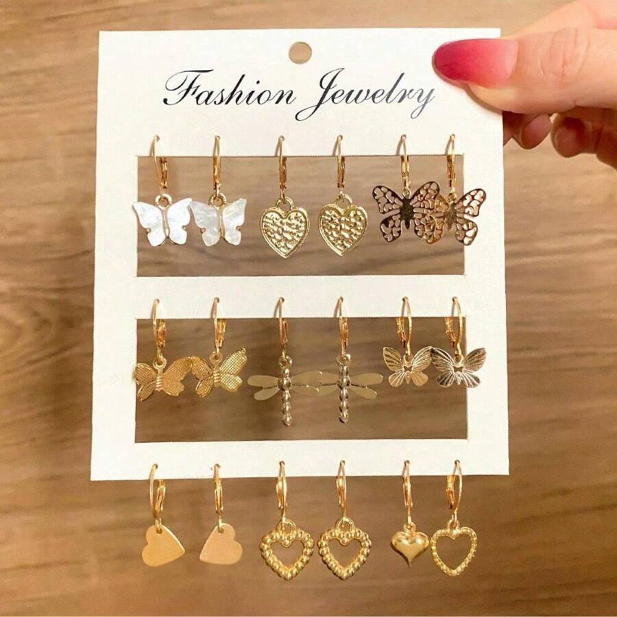Gold Hoop Earring Set Heart Butterfly Small Earrings For Women Jewelry Accessories - 金色 - 查看 1