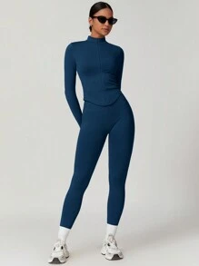 MASKERT 女士无缝紧身运动上衣和打底裤套装，高弹力运动服，适合跑步、健身、瑜伽，舒适亲肤 - 藏蓝色 - 查看 6