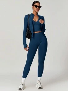 MASKERT 女士无缝紧身运动上衣和打底裤套装，高弹力运动服，适合跑步、健身、瑜伽，舒适亲肤 - 藏蓝色 - 查看 5