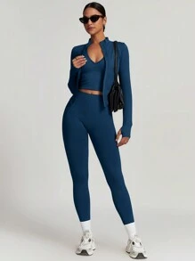 MASKERT 女士无缝紧身运动上衣和打底裤套装，高弹力运动服，适合跑步、健身、瑜伽，舒适亲肤 - 藏蓝色 - 查看 7