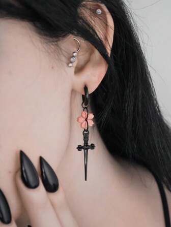1 对时尚哥特式扁平樱花盛开亚克力合金耳环女士日常佩戴耳环
