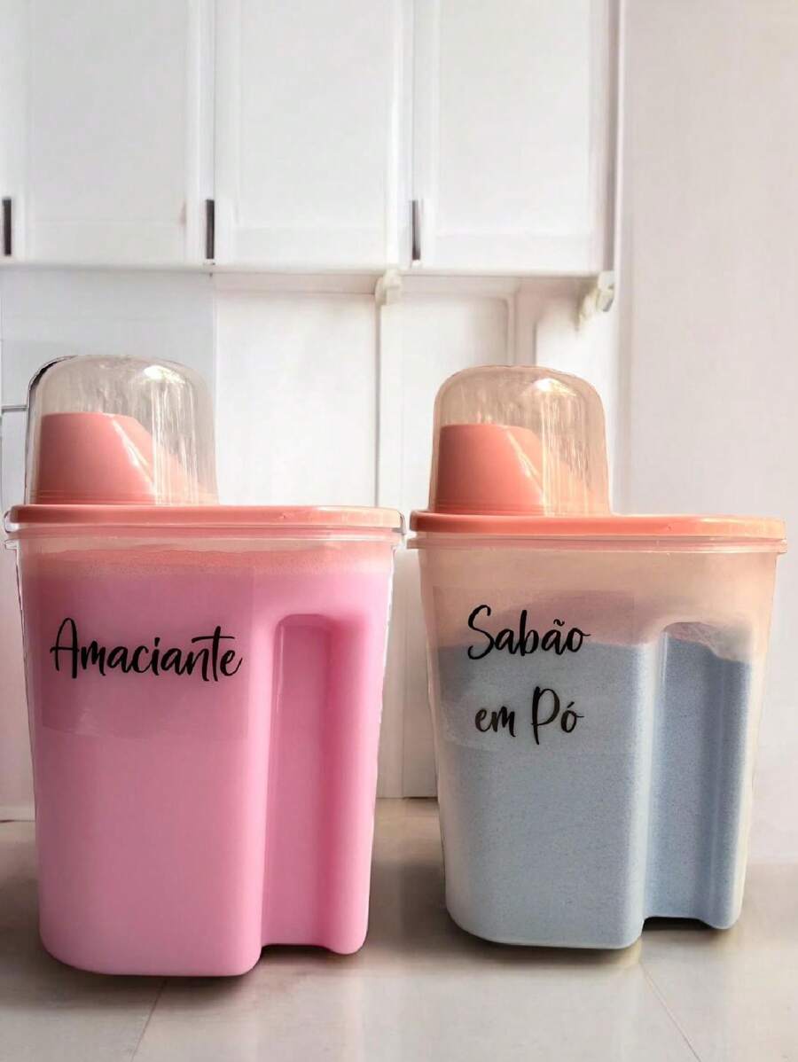 Kit Of 2 Washing Powder Organizers With Measuring Cup For Decorated Storage - Màu Hồng baby - Xem 1
