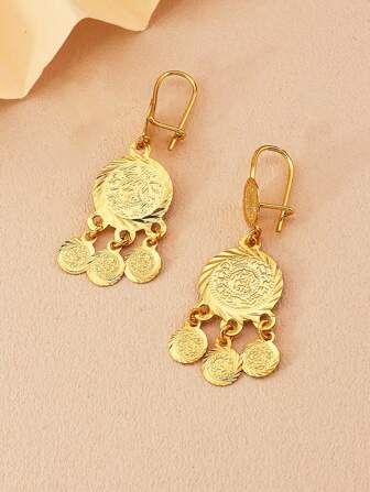 2件套复古金币流苏耳环，圆形纹理，铜质首饰，适合女性日常、派对、宴会等场合佩戴，阿拉伯风格配饰