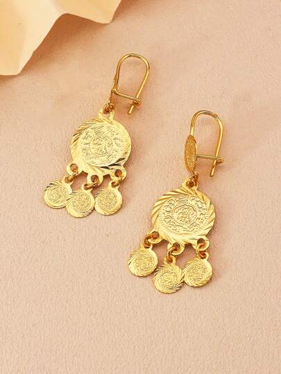2件套复古金币流苏耳环，圆形纹理，铜质首饰，适合女性日常、派对、宴会等场合佩戴，阿拉伯风格配饰