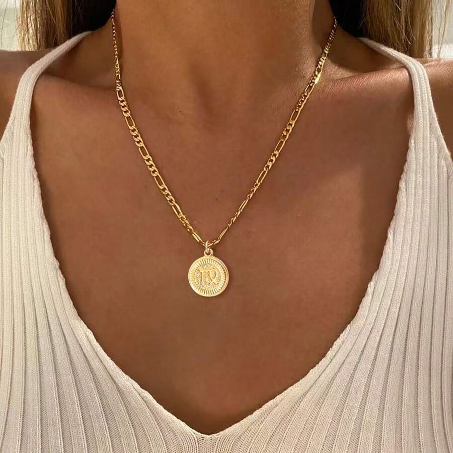 1pc New Simple Stainless Steel Round Zodiac Pendant Fashion Gold Color Figaro Chain Necklaces For Women