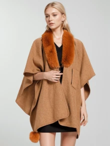 1 件宽松纯色斗篷开衫，带毛绒球装饰，女士时尚披肩，保暖外套 - 彩色 - 查看 5