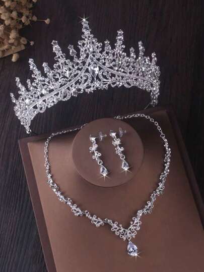 1 Set de Joyas de Moda Coloridas para Boda, Accesorios Nupciales Clásicos: Corona de Cristal + Collar + Aretes, Conjunto de 4 piezas, Adecuado para Vestido de Novia, Fiesta Nupcial, Celebración