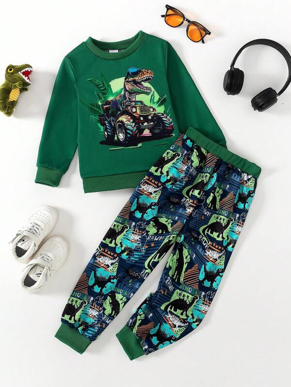 2pcs Young Boys Green Dinosaur Print Long Sleeve Crew Neck Shirt And Pants Set, Fall/Winter