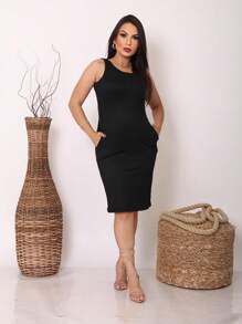 Short Midi Dress With Basic Tank Top And Pockets - màu đen - Xem 4