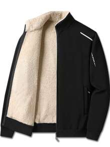 Plus Fleece Thick Stand Collar Mid-Aged Dad Jacket, Windproof Warm Outdoor Sports Zip-Up Pockets Coat For Boyfriend Style Men