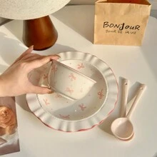 Set de vajilla de cerámica con moño rosa y blanco - 2/3 piezas, apto para dormitorio y hogar, regalo de Navidad, útiles escolares