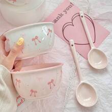 Set de vajilla de cerámica con moño rosa y blanco - 2/3 piezas, apto para dormitorio y hogar, regalo de Navidad, útiles escolares
