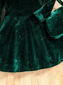 Young Girls Soft Velvet V-Neck Long Sleeve A-Line Dress + Bag, Elegant &, Suitable For Christmas, Ball, Autumn/Winter - Green - View 4