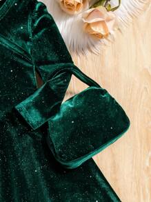 Young Girls Soft Velvet V-Neck Long Sleeve A-Line Dress + Bag, Elegant &, Suitable For Christmas, Ball, Autumn/Winter - Green - View 5