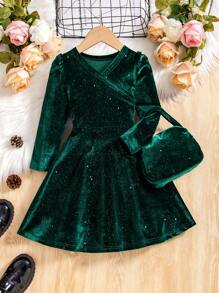 Young Girls Soft Velvet V-Neck Long Sleeve A-Line Dress + Bag, Elegant &, Suitable For Christmas, Ball, Autumn/Winter - Green - View 1