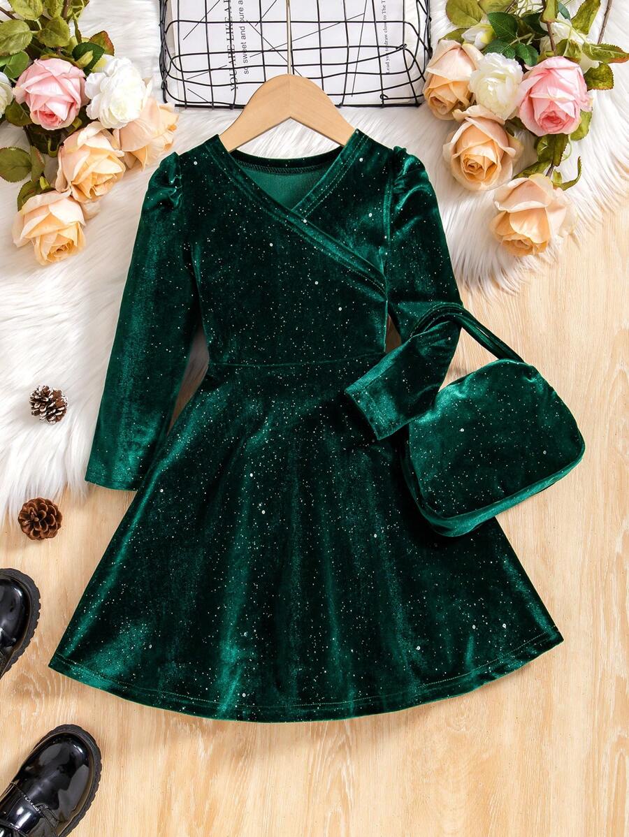 Young Girls Soft Velvet V-Neck Long Sleeve A-Line Dress + Bag, Elegant &, Suitable For Christmas, Ball, Autumn/Winter - Green - View 1