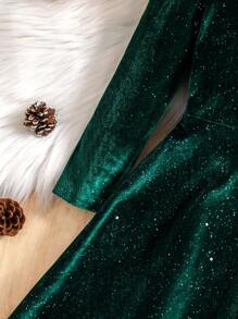 Young Girls Soft Velvet V-Neck Long Sleeve A-Line Dress + Bag, Elegant &, Suitable For Christmas, Ball, Autumn/Winter - Green - View 6