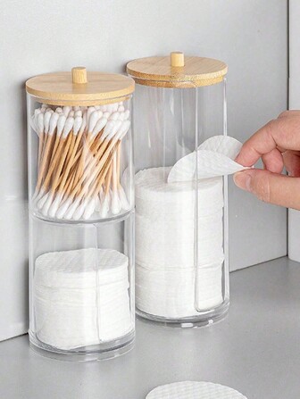 1pc Transparent Plastic Storage Box With Bamboo Lid, For Makeup And Pads, Multi-Purpose Desktop Organizer, Available In Various Sizes ,Jewellery Box,Pouch,Makeup Brush Holder,Brush Holder,Perfume Organiser,Pouch Bag,Gifts For Women,Christmas Gifts,Gift Ideas For Women