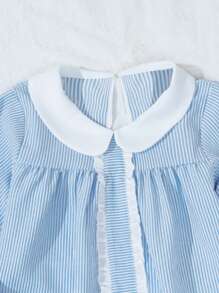 1pc Blue & White Striped Long Sleeve Dress With Ruffle Collar, Autumn