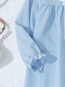 1pc Blue & White Striped Long Sleeve Dress With Ruffle Collar, Autumn