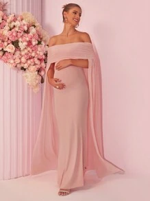 Joyfunear 1pc Off Shoulder Sexy Ruched Maternity Dress With Cape, Elegant, For Party - Pink - View 1