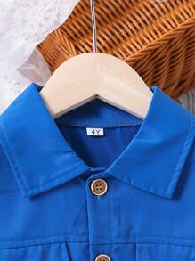 2 件套年轻女孩休闲纯色长袖短款衬衫夹克和碎花连衣裙套装,春夏适合户外、日常、休闲、度假、派对 - 藍色 - 查看 5