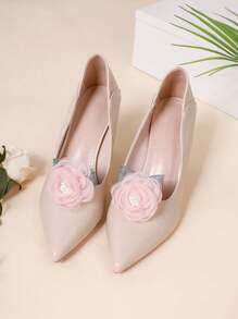 1 Pair Versatile Fresh Floral Net Yarn Rose Flower Detachable Shoe Clips Decor, Suitable For Women High Heels, Sandals - Pink - View 4