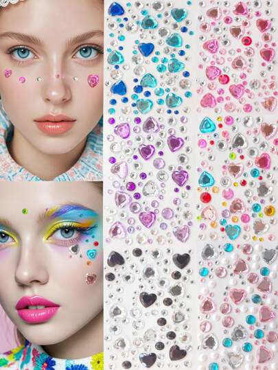 Love Round Face Stickers Multiple Colors Mix Multiple Shapes Glittery Stereo Gem Stickers Makeup Holiday Party Y2K Style Music Festival DIY Eyes Face Dance Performances Parties Stage Cosplay Wedding Fake Tattoos