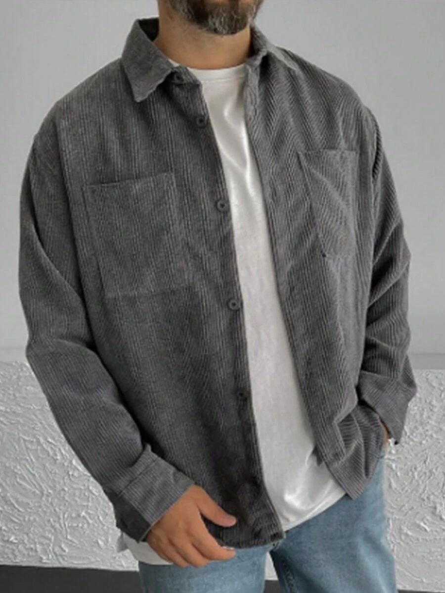 Men's Flannel Loose Casual Long Sleeve Shirt - Grey - View 1