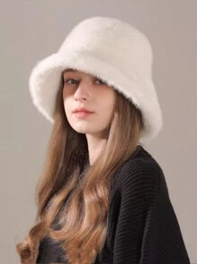 1pc Solid Color Casual Elegant Street Chic Polyester (Polyester) Fluffy Fluffy Patchwork Frayed Edge Bucket Hat, Versatile For Fall/Winter