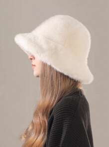 1pc Solid Color Casual Elegant Street Chic Polyester (Polyester) Fluffy Fluffy Patchwork Frayed Edge Bucket Hat, Versatile For Fall/Winter