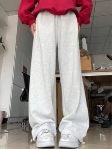 女士时尚休闲抽绳腰灰色直筒裤，秋冬季 - 灰色 - 查看 4