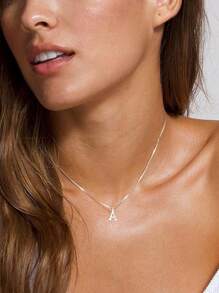 1pc Stainless Steel 26 Alphabet Letter Necklace, Fashion Simple Versatile Couple Friend Holiday Gift - Silver - View 2