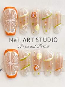 提升您的风格，10 件 S/M/L 100% 手工制作可穿戴指甲贴高端优雅清新柠檬夏季指甲贴可爱柠檬腮红柠檬可拆卸按压假指甲 DIY，适合女孩夏季柠檬水派对，全覆盖假指甲贴套装，送给女性的礼物和指甲用品，美白指甲套装，可拆卸假指甲，适合节日、聚会、约会和日常佩戴