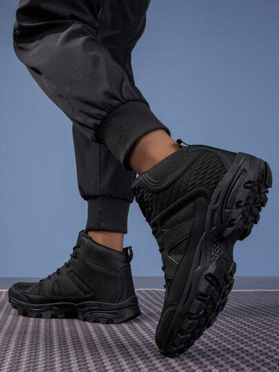 2025 New Arrival Autumn/Winter Unisex Trekking Athletic Black Hiking Shoes, Thick Sole, Anti-Slip, Lace-Up, Breathable, Casual Sneakers, Water-Resistant, Shock-Absorbing, Outdoor Climbing Shoes