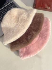 1pc Solid Color Casual Elegant Street Chic Polyester (Polyester) Fluffy Fluffy Patchwork Frayed Edge Bucket Hat, Versatile For Fall/Winter