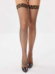 1pair Leopard Print Lace Trim Retro Thigh High Fishnet Stockings - Black - View 1