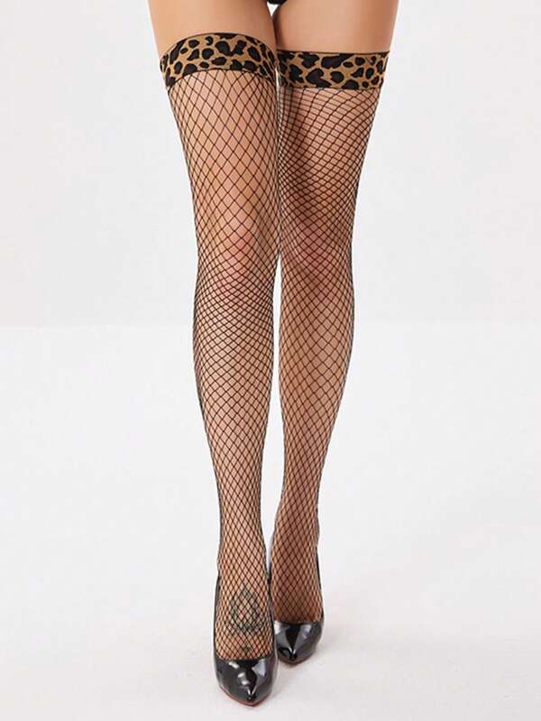 1pair Leopard Print Lace Trim Retro Thigh High Fishnet Stockings