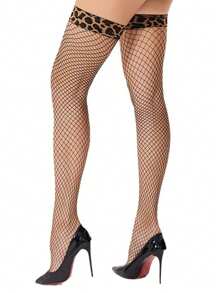 1pair Leopard Print Lace Trim Retro Thigh High Fishnet Stockings - Black - View 2