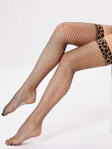 1pair Leopard Print Lace Trim Retro Thigh High Fishnet Stockings - Black - View 3