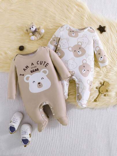 2件装男婴可爱卡通熊印花连体衣，四季皆宜